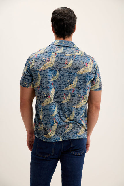 Men's Stork Print Camp Collar Shirt - Stork Navy | Ron Tomson