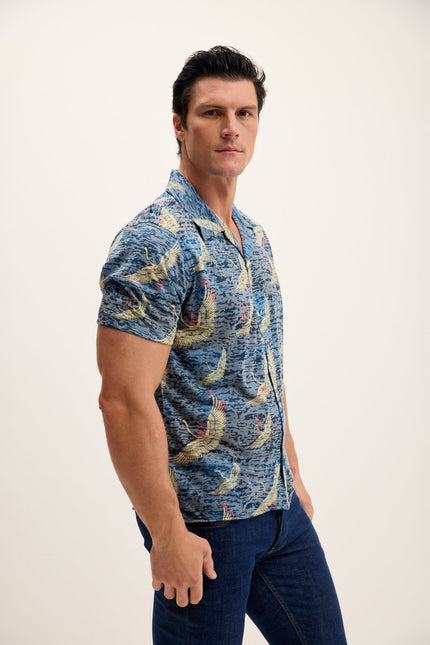 Men's Stork Print Camp Collar Shirt - Stork Navy | Ron Tomson