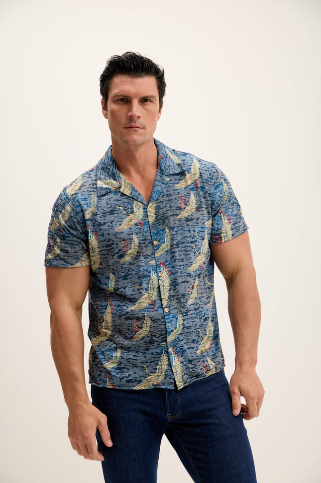 Men's Stork Print Camp Collar Shirt - Stork Navy | Ron Tomson