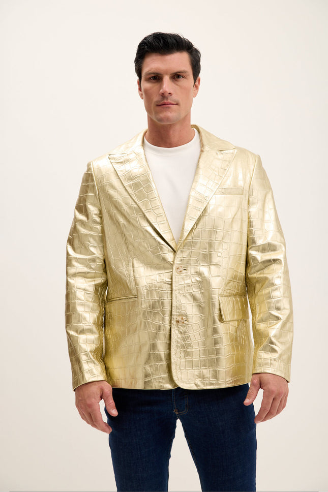 Men's Croc-Embossed Leather Blazer - Gold | Ron Tomson