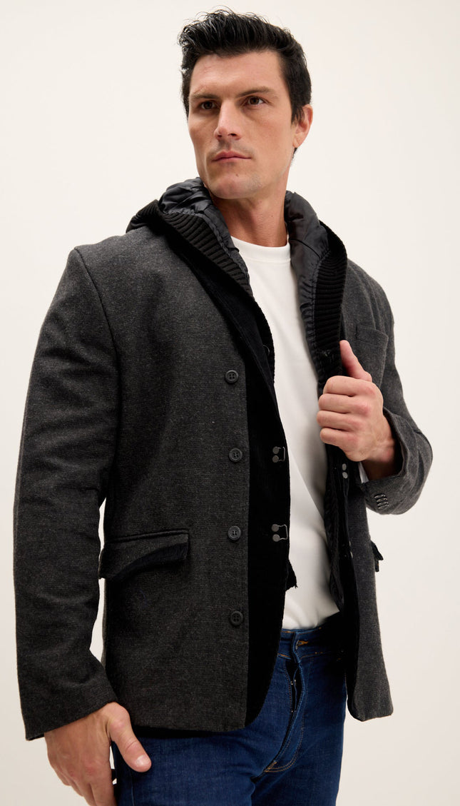 Removable Hood Corduroy Blazer - Black