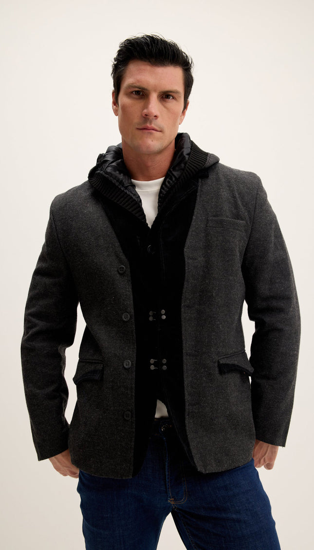 Removable Hood Corduroy Blazer - Black