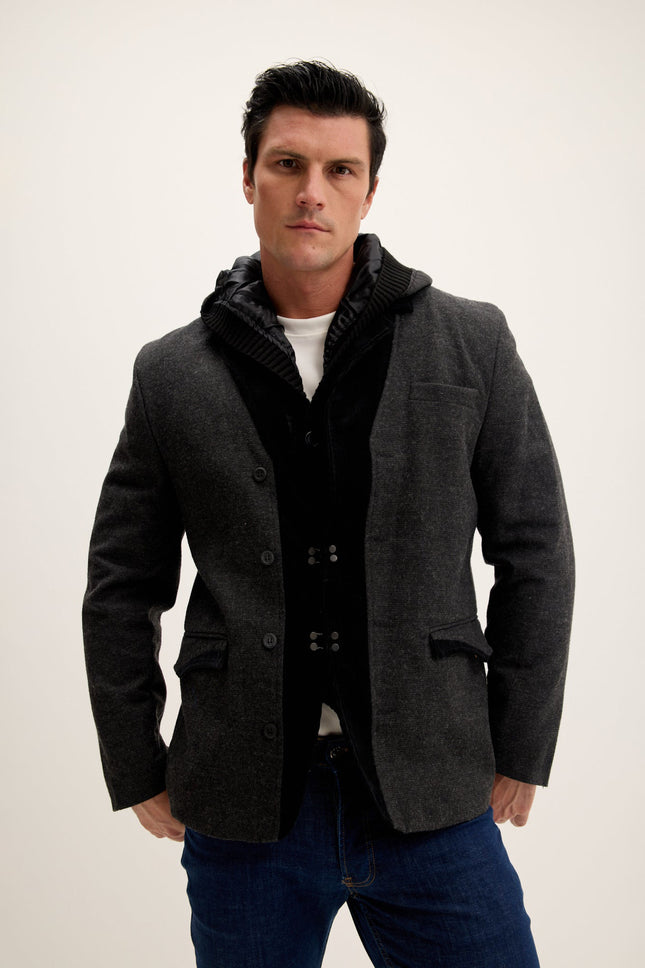 Men's Removable Hood Corduroy Blazer - Black | Ron Tomson