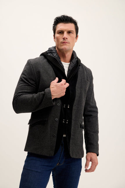 Men's Removable Hood Corduroy Blazer - Black | Ron Tomson