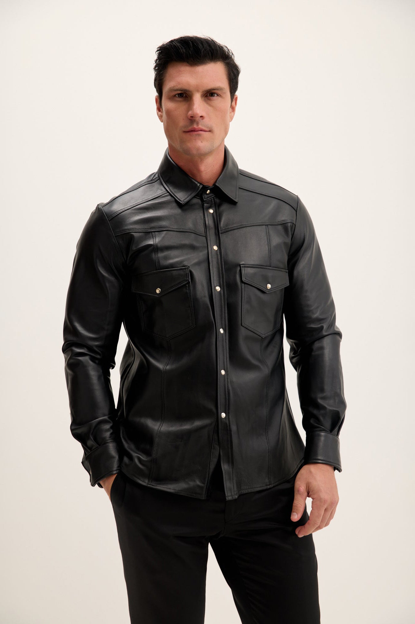 トップス th product Leather Oversized Shirt Men's Lambskin Leather Shirt - Black | Ron Tomson