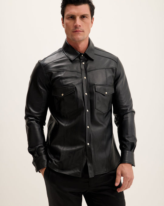 Men's Lambskin Leather Shirt - Black | Ron Tomson