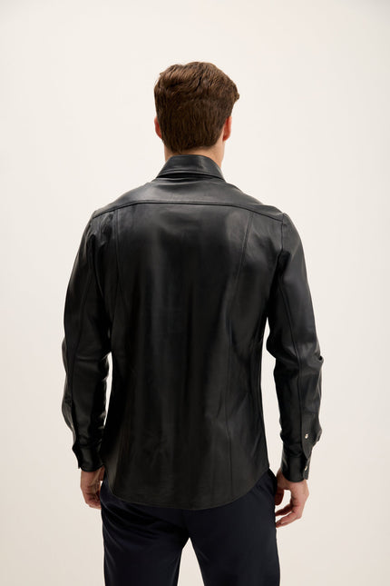 Men's Lambskin Leather Shirt - Black | Ron Tomson