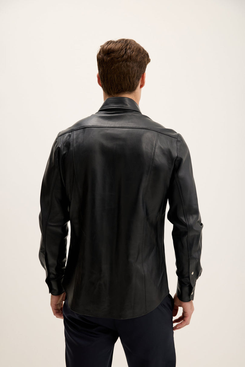 Men's Lambskin Leather Shirt - Black | Ron Tomson