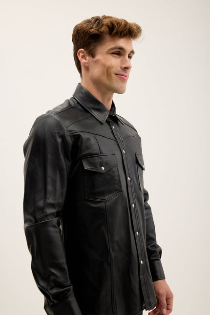 Men's Lambskin Leather Shirt - Black | Ron Tomson