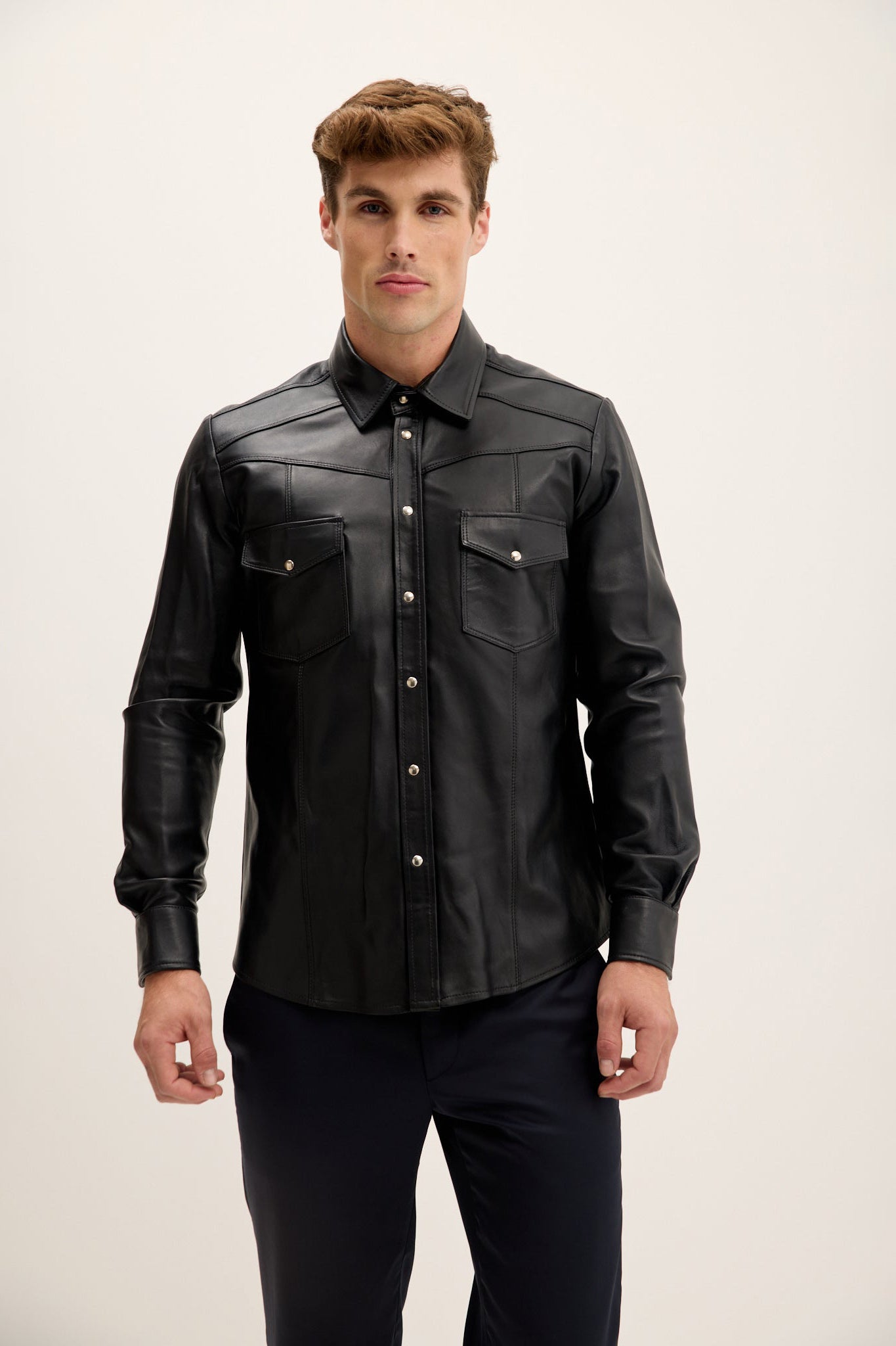 Men's Lambskin Leather Shirt - Black | Ron Tomson