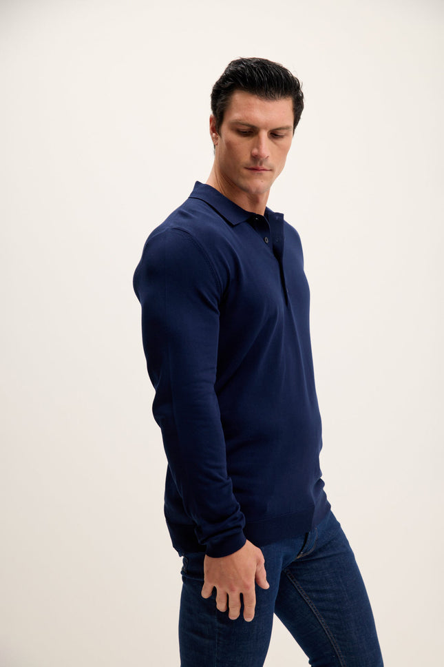 Men's Four Button-Down Polo Sweater - Navy | Ron Tomson
