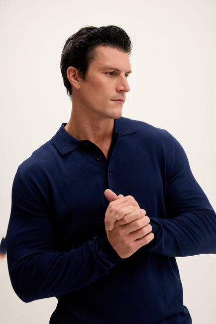 Men's Four Button-Down Polo Sweater - Navy | Ron Tomson