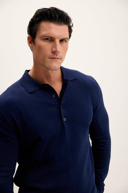 Men's Four Button-Down Polo Sweater - Navy | Ron Tomson