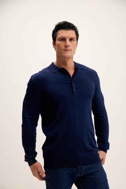Men's Four Button-Down Polo Sweater - Navy | Ron Tomson