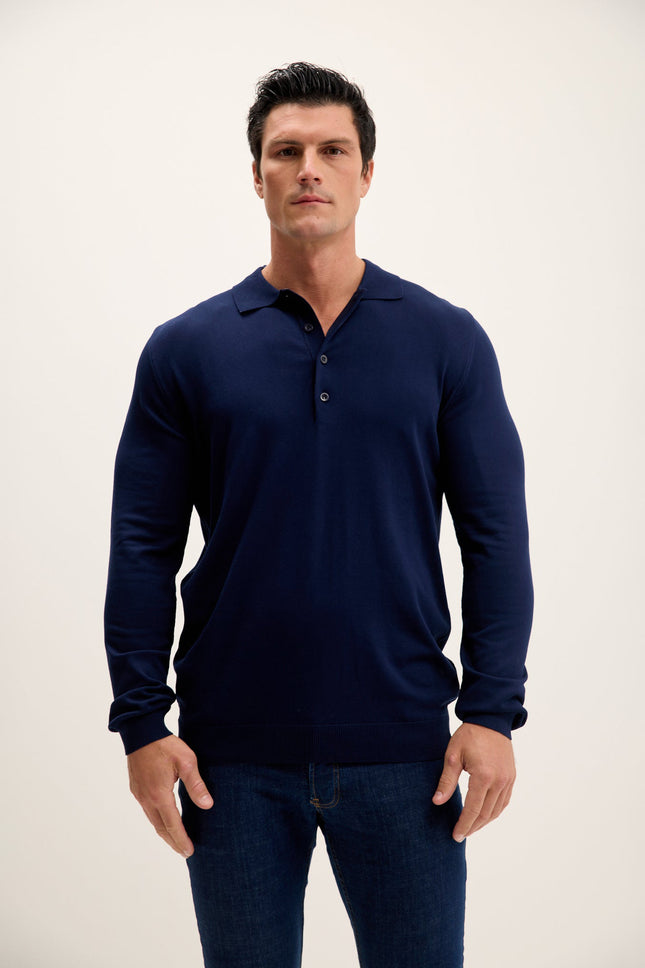 Men's Four Button-Down Polo Sweater - Navy | Ron Tomson