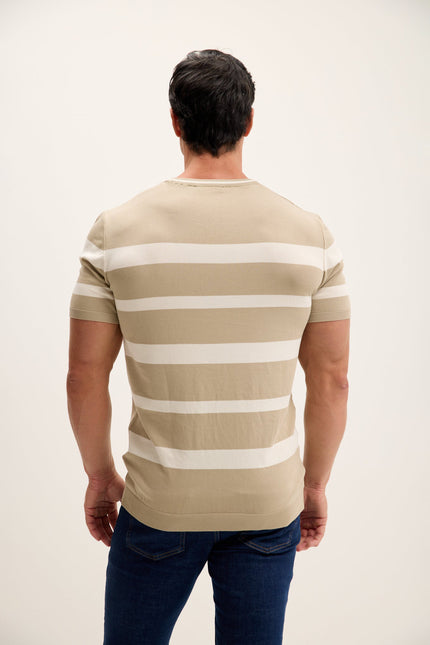 Men's Striped Crew-Neck Sweater - Dark Beige | Ron Tomson