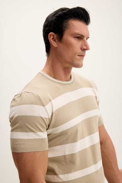 Men's Striped Crew-Neck Sweater - Dark Beige | Ron Tomson
