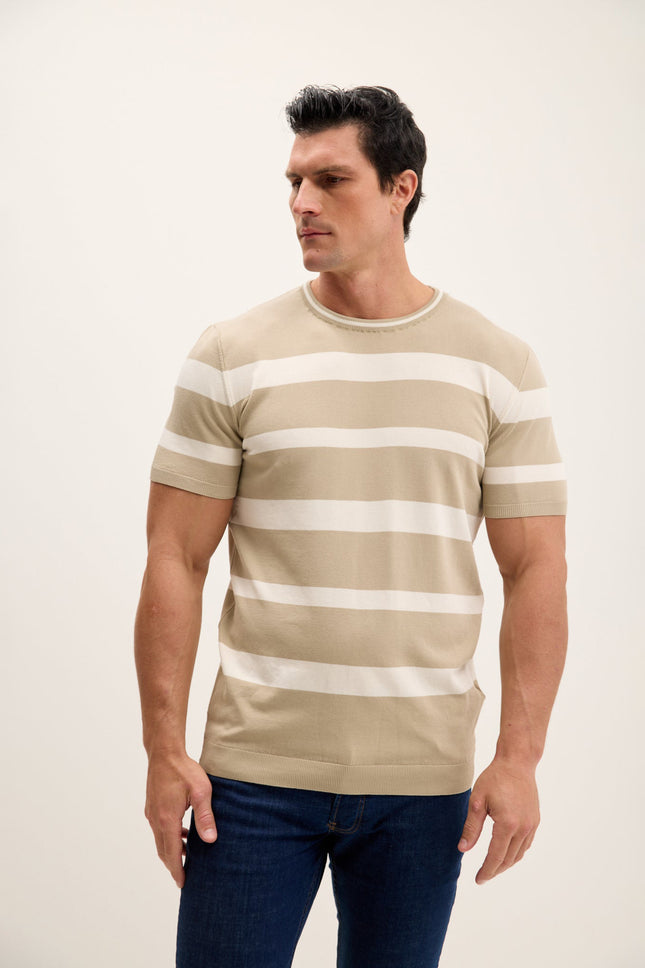 Men's Striped Crew-Neck Sweater - Dark Beige | Ron Tomson