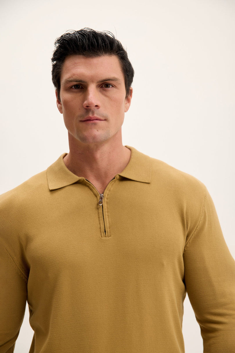 Men's Quarter-Zip Polo Sweater - Mustard | Ron Tomson