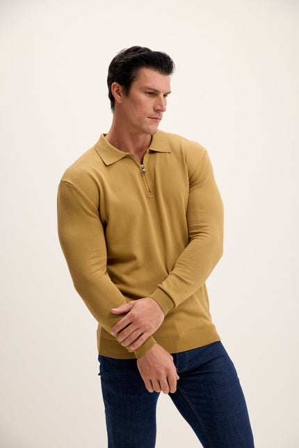 Men's Quarter-Zip Polo Sweater - Mustard | Ron Tomson