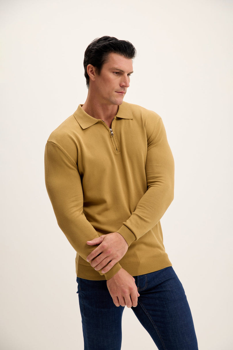 Men's Quarter-Zip Polo Sweater - Mustard | Ron Tomson