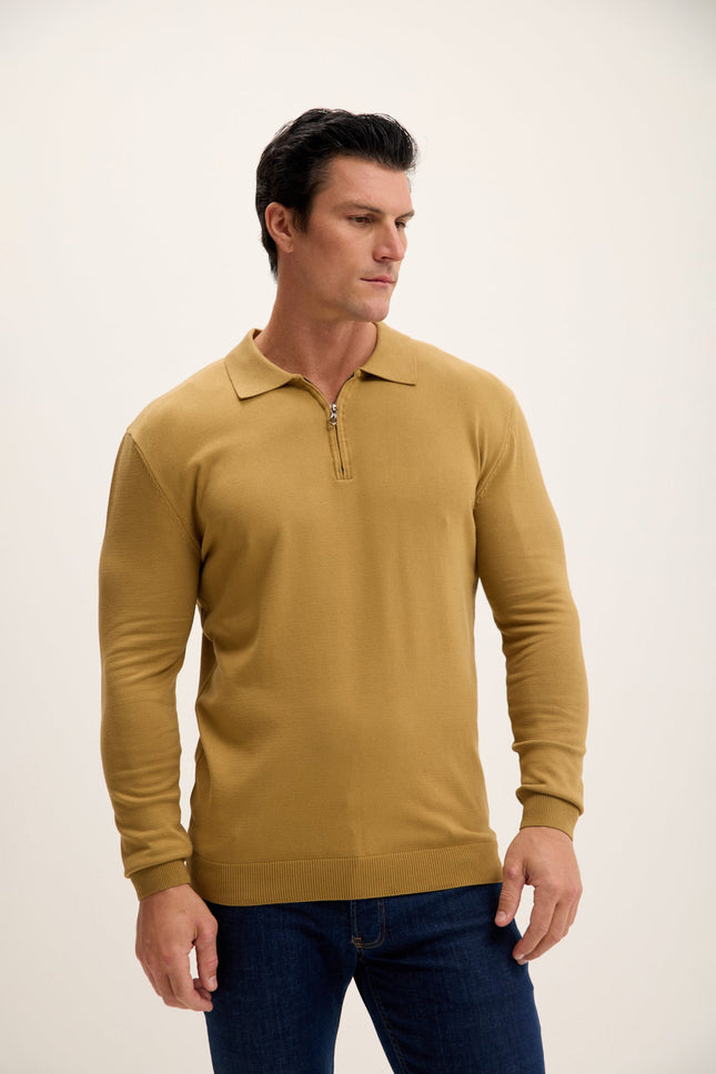 Men's Quarter-Zip Polo Sweater - Mustard | Ron Tomson