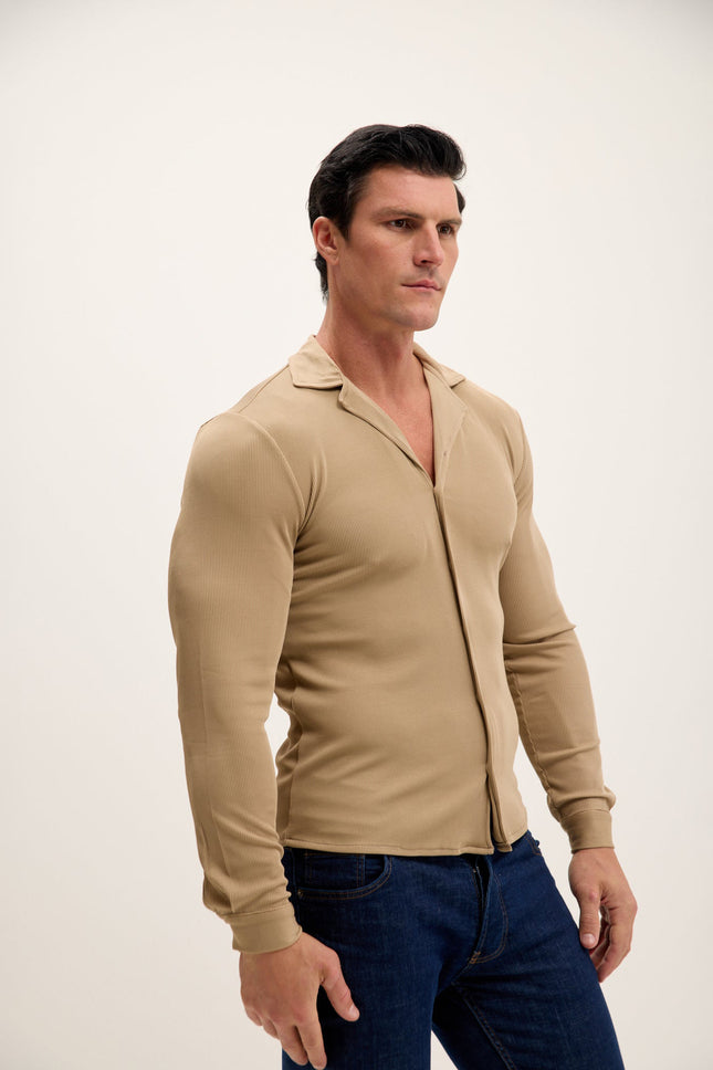 Men's Lightweight Drapery Plisse Shirt - Beige | Ron Tomson