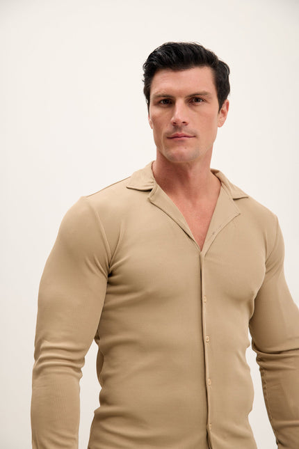 Men's Lightweight Drapery Plisse Shirt - Beige | Ron Tomson
