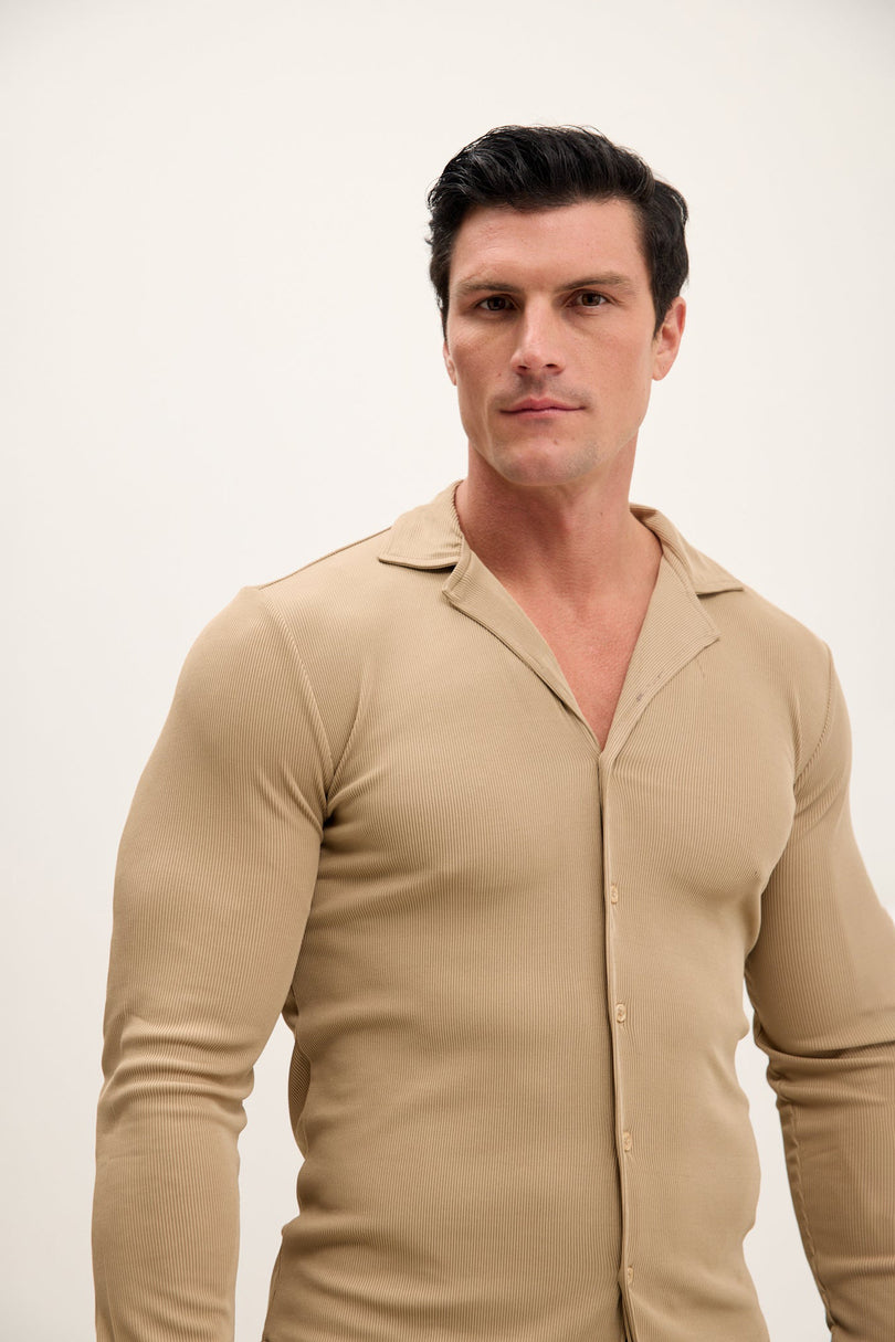 Men's Lightweight Drapery Plisse Shirt - Beige | Ron Tomson
