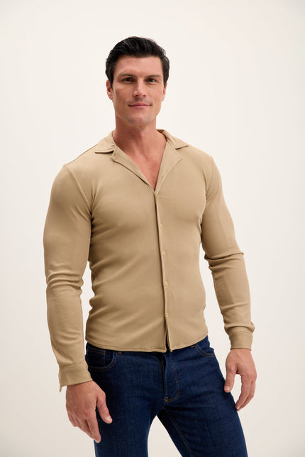 Men's Lightweight Drapery Plisse Shirt - Beige | Ron Tomson