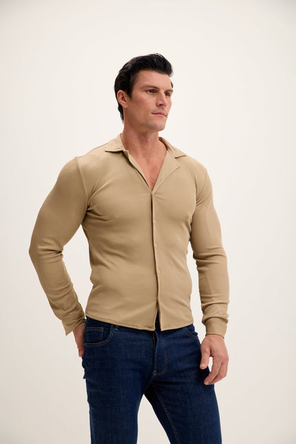 Men's Lightweight Drapery Plisse Shirt - Beige | Ron Tomson