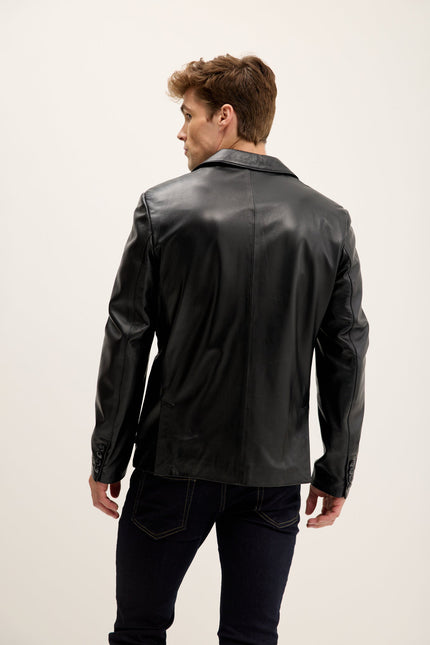 Men's Patch Pocket Leather Blazer - Black | Ron Tomson