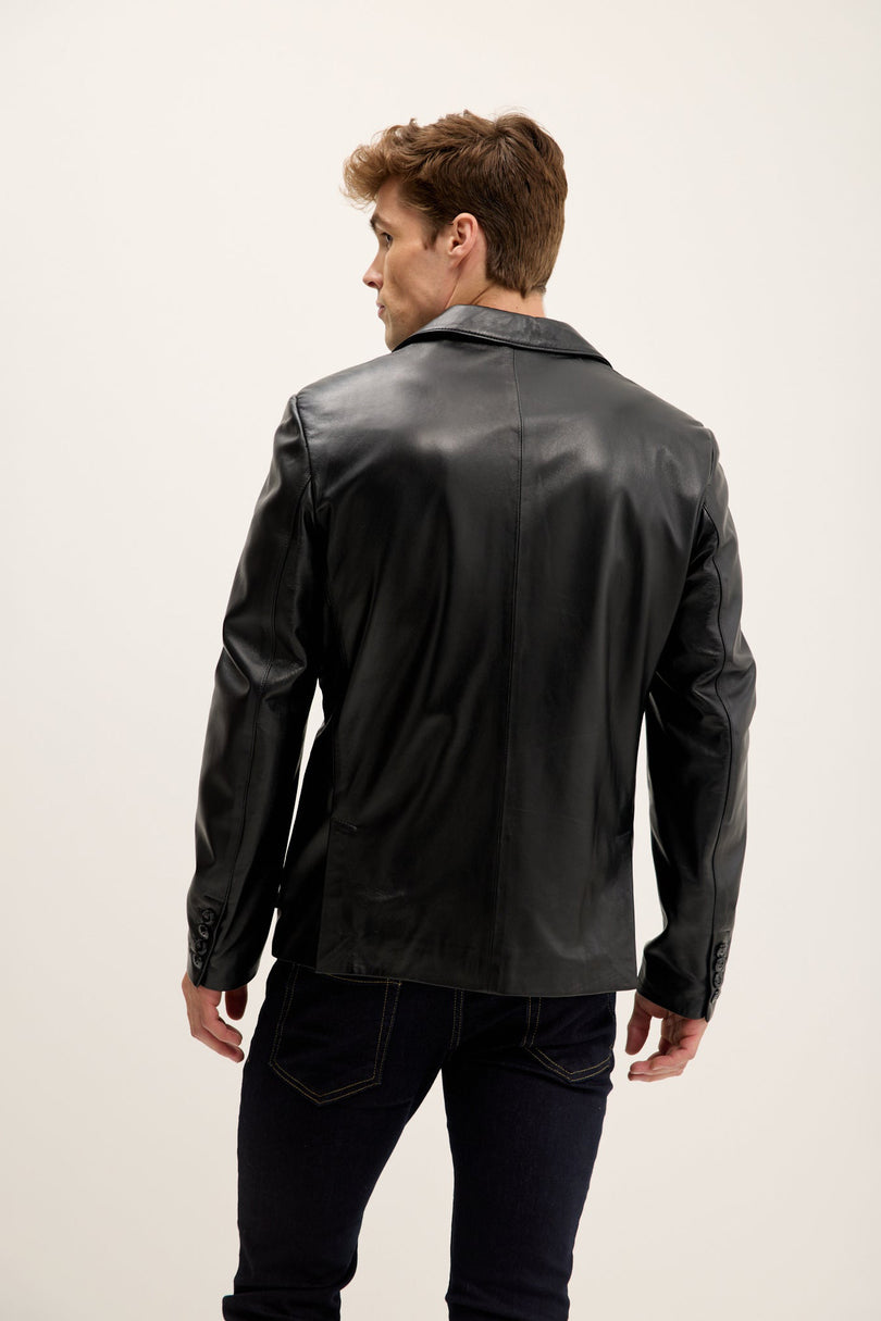 Men's Patch Pocket Leather Blazer - Black | Ron Tomson
