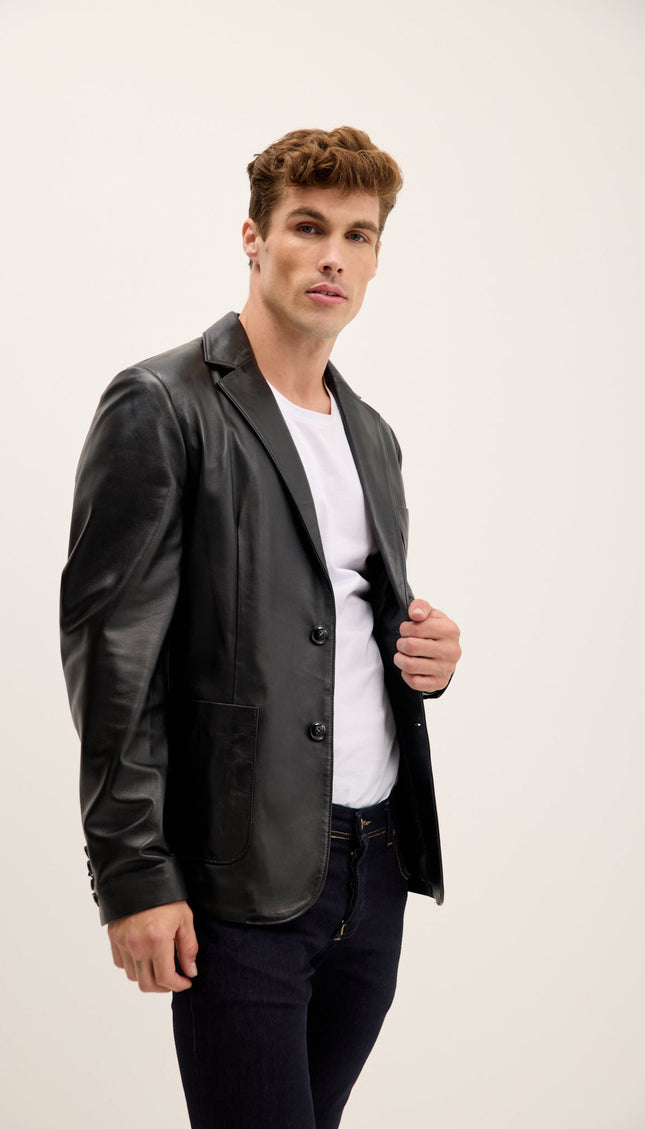 Patch Pocket Leather Blazer - Black