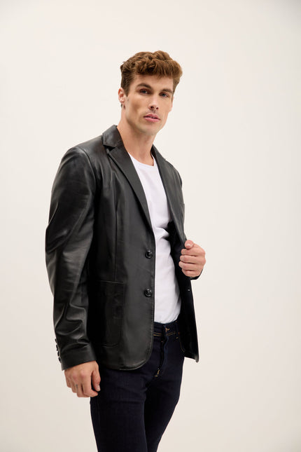 Men's Patch Pocket Leather Blazer - Black | Ron Tomson