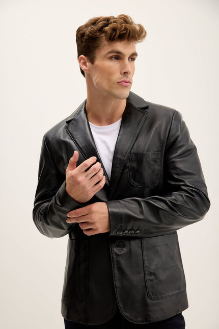 Men's Patch Pocket Leather Blazer - Black | Ron Tomson