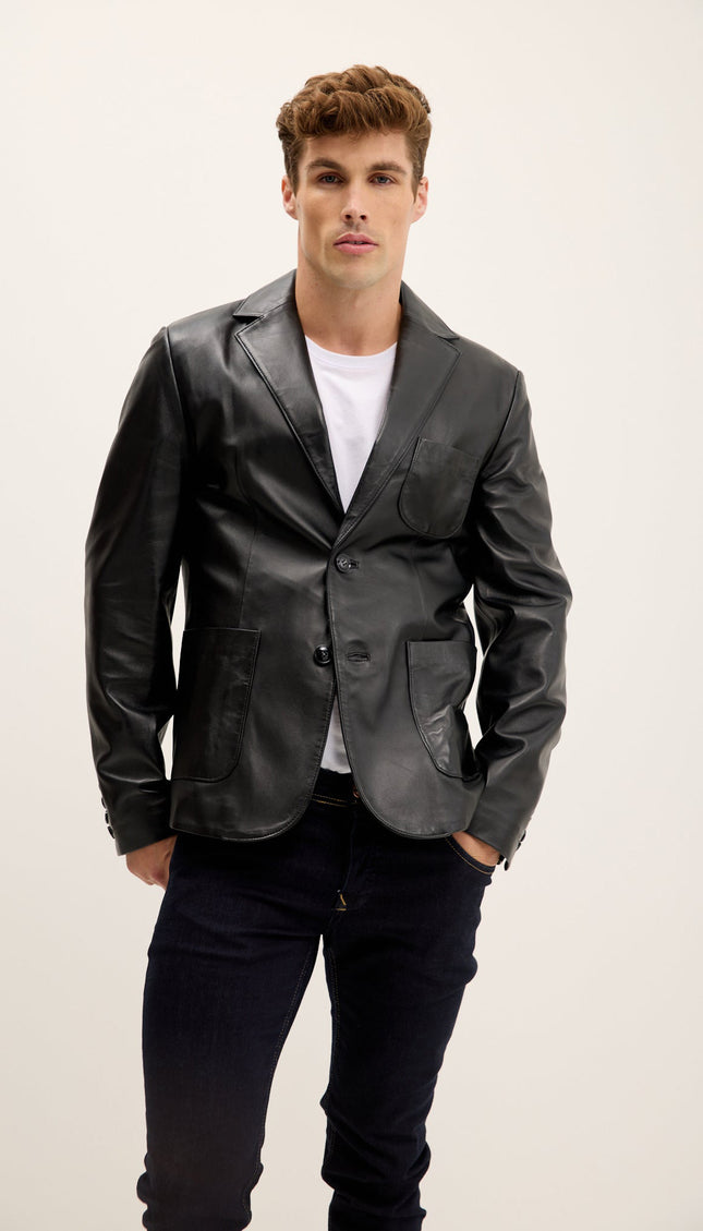 Patch Pocket Leather Blazer - Black
