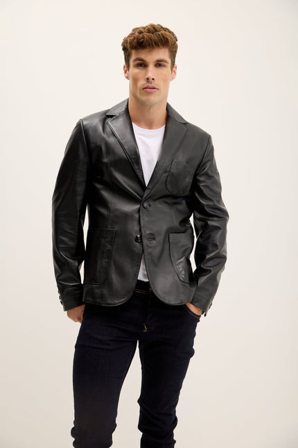Men's Patch Pocket Leather Blazer - Black | Ron Tomson