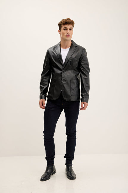 Men's Patch Pocket Leather Blazer - Black | Ron Tomson