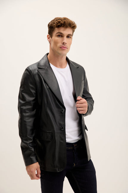 Men's Peak Lapel Leather Blazer - Black | Ron Tomson