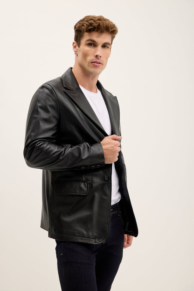 Men's Peak Lapel Leather Blazer - Black | Ron Tomson