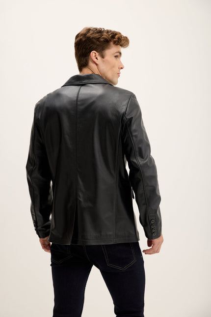 Men's Peak Lapel Leather Blazer - Black | Ron Tomson