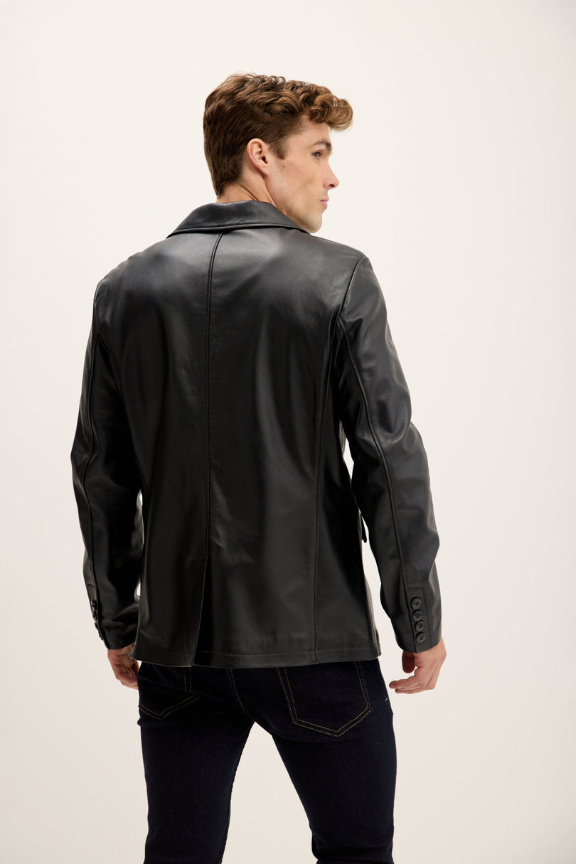 Men's Peak Lapel Leather Blazer - Black | Ron Tomson