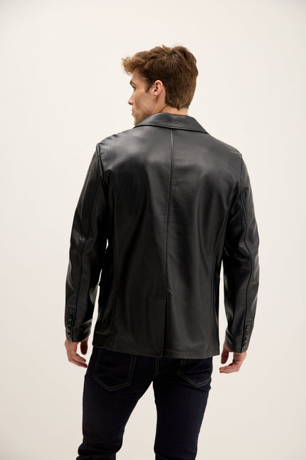 Men's Peak Lapel Leather Blazer - Black | Ron Tomson