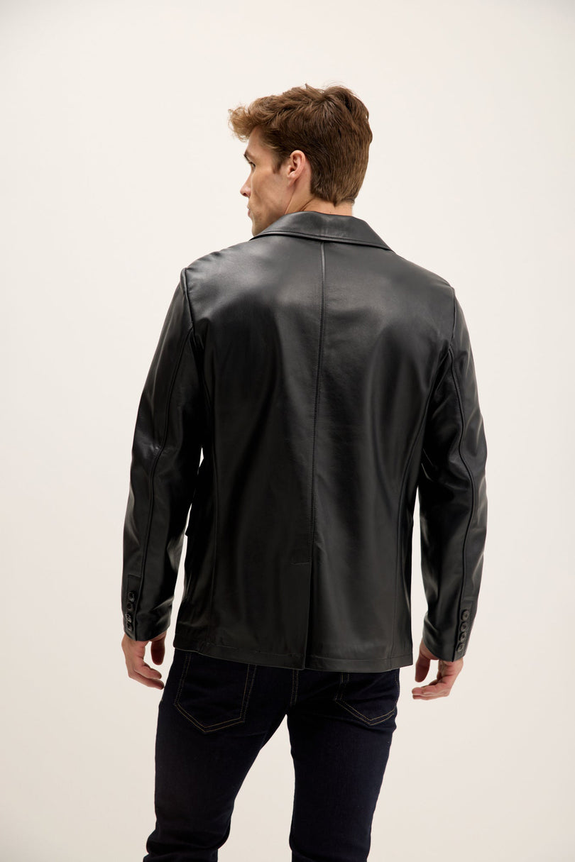 Men's Peak Lapel Leather Blazer - Black | Ron Tomson