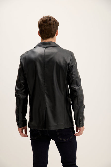 Men's Peak Lapel Leather Blazer - Black | Ron Tomson