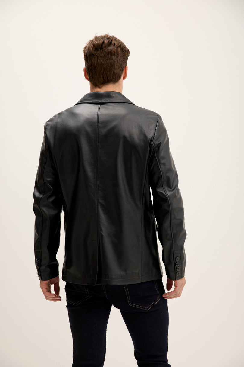 Men's Peak Lapel Leather Blazer - Black | Ron Tomson