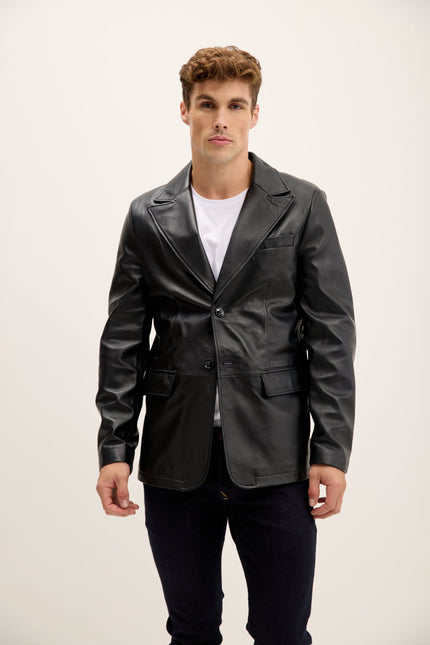 Men's Peak Lapel Leather Blazer - Black | Ron Tomson