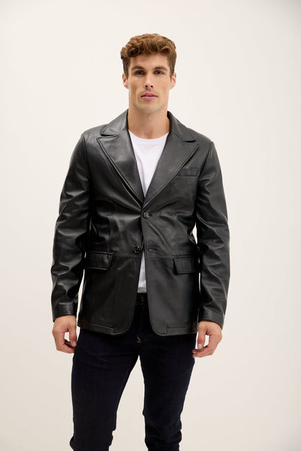 Men's Peak Lapel Leather Blazer - Black | Ron Tomson
