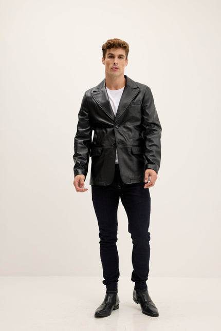 Men's Peak Lapel Leather Blazer - Black | Ron Tomson